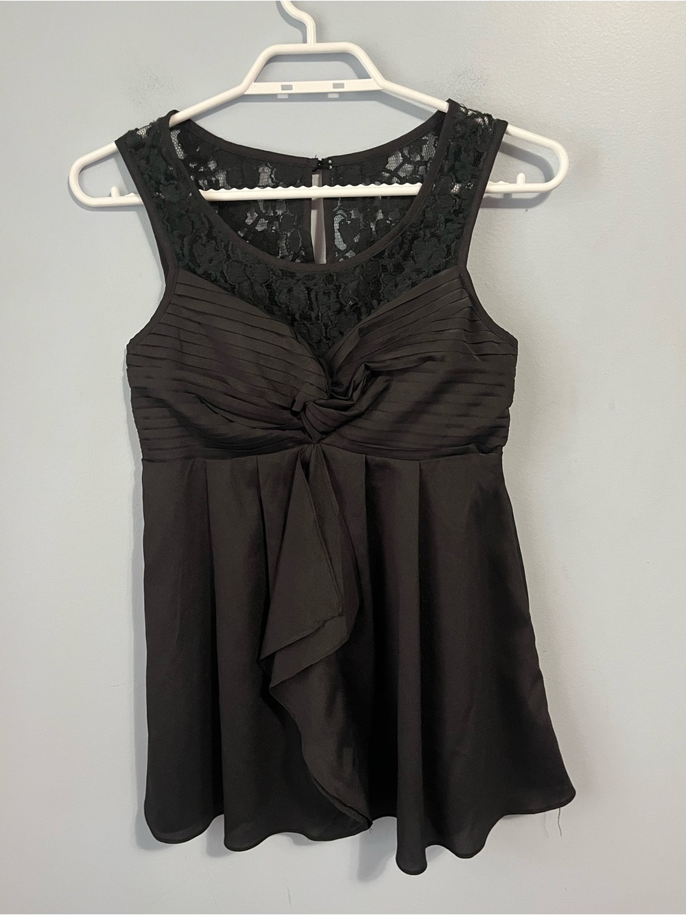 Miroa Black Lace Yoke Knot Front Stretch Dressy Sleeveless Top Size S
